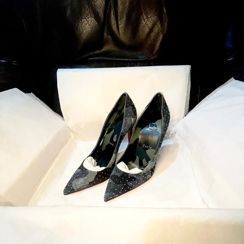 Christian Louboutin Kate 100 Studded blue green camouflage suede stiletto 38